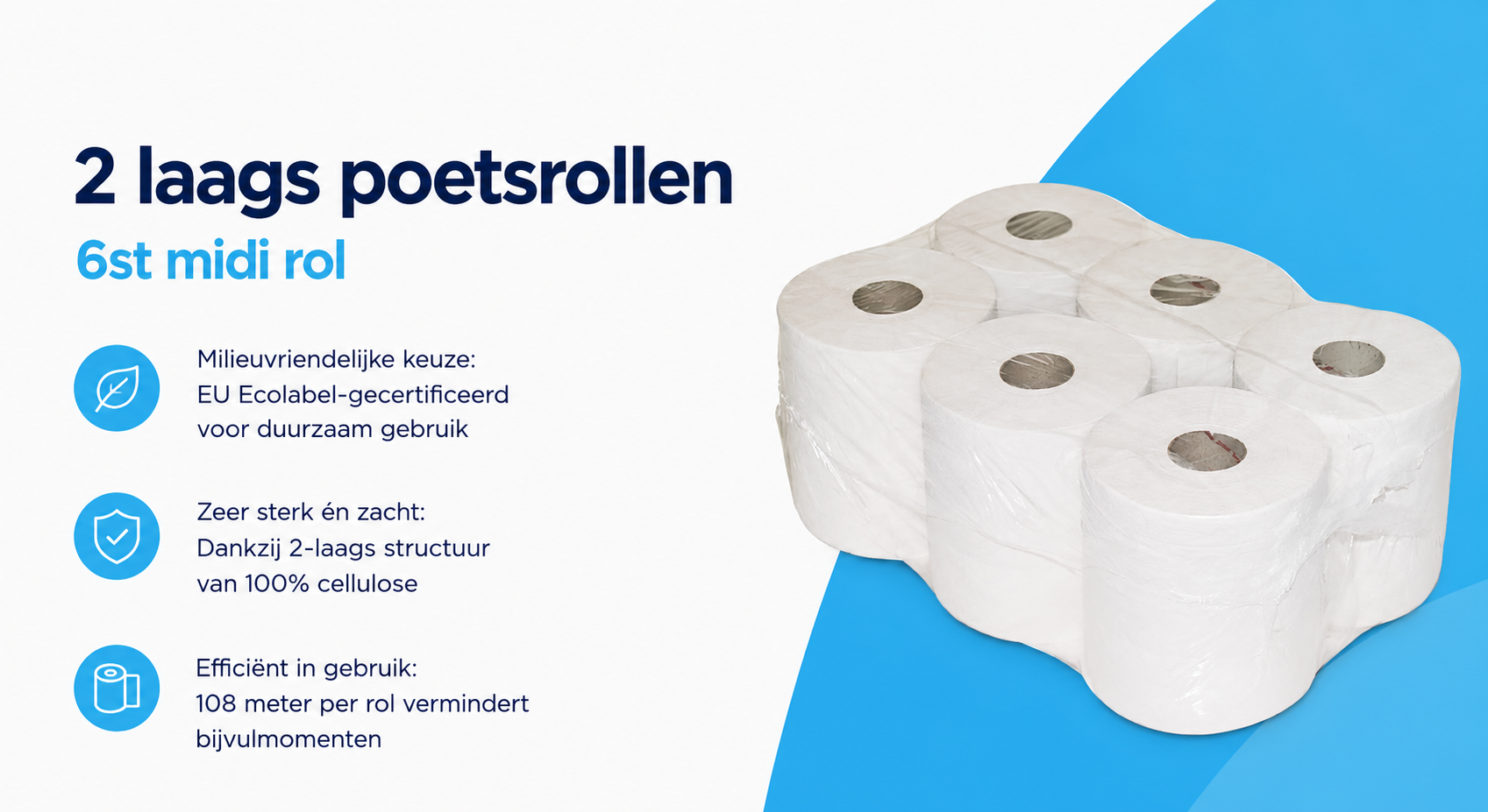 2-Laags Poetsrollen Midi Hoogwit – 100% Cellulose – 108 Meter – 6 Rollen | Bove Budget