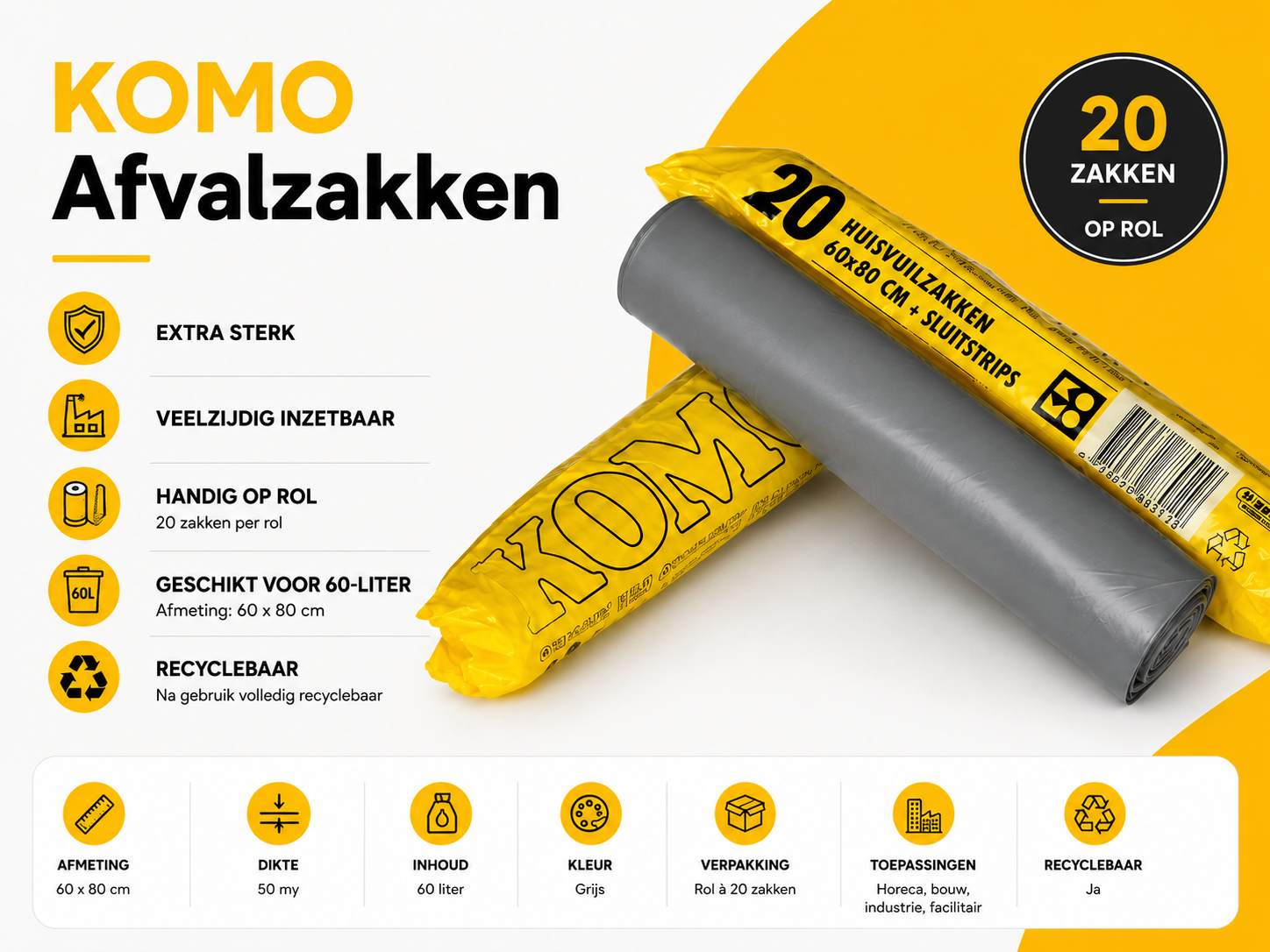 KOMO Afvalzakken 60 Liter Grijs – 60x80 cm – 50 Micron – 400 Stuks