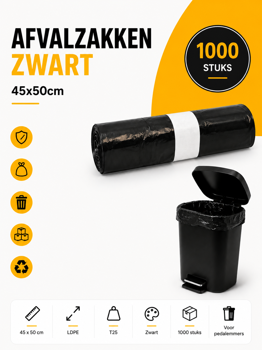Zwarte Pedaalemmerzakken 45x50 cm – 16 Liter – LDPE T25 – 1000 Stuks